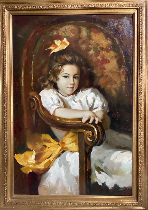 A. Sinar, Young Girl In Chair, oil, 49” x 37”x 3.5"-EZ Jewelry and Decor