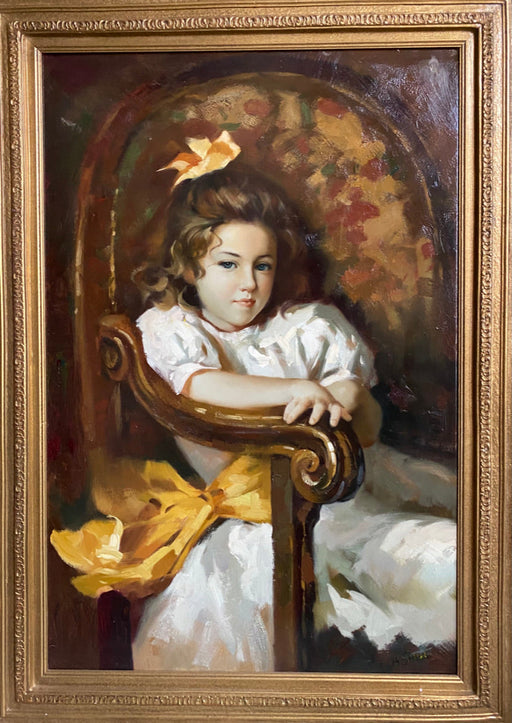 A. Sinar, Young Girl In Chair, oil, 49” x 37”x 3.5"-EZ Jewelry and Decor