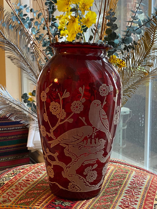 Red Vintage Glass Vase Japanese Hand Painted, Birds & Flowers- 9”-EZ Jewelry and Decor