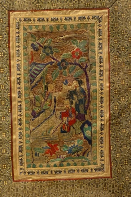 Chinese Vintage Silk Embroidery Framed Panel, Hand Crafted- Three Figures In Garden, Early Republic, 11” x 17”-EZ Jewelry and Decor