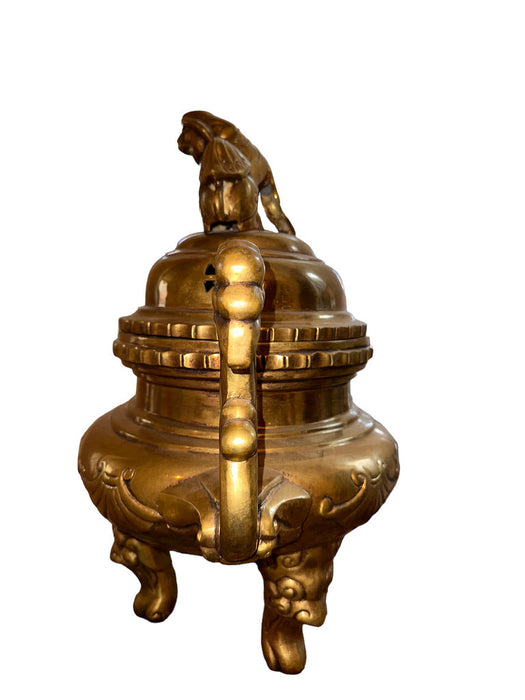 Antique Early 20th Century Large Solid Brass Foo Dog Incense Burner Stands 18 in Tall , Chinese Antique Burner.-EZ Jewelry and Decor