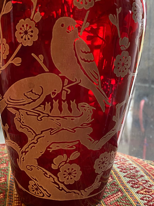 Red Vintage Glass Vase Japanese Hand Painted, Birds & Flowers- 9”-EZ Jewelry and Decor