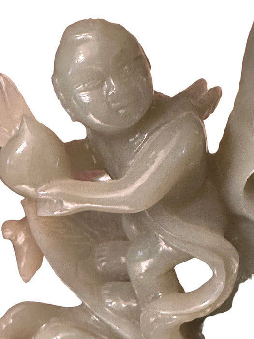 Rare Hand Carved Jade Statue: Man, Child, & Koi Fish on Carved Wooden Stand, 7.8” T, Japanese Sculpture-EZ Jewelry and Decor