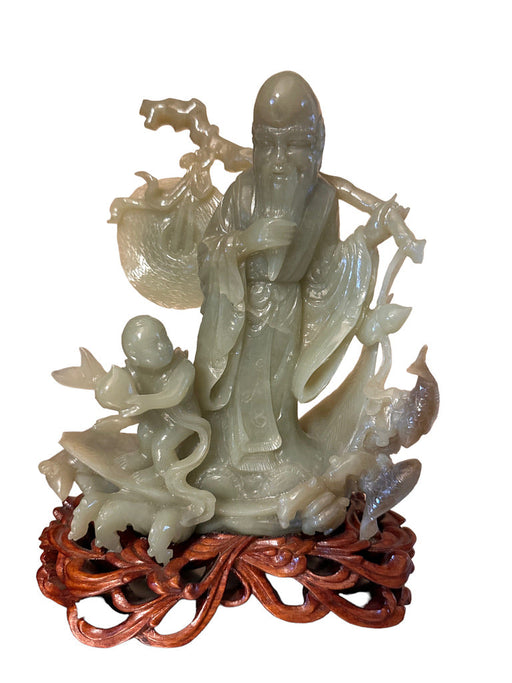 Rare Hand Carved Jade Statue: Man, Child, & Koi Fish on Carved Wooden Stand, 7.8” T, Japanese Sculpture-EZ Jewelry and Decor