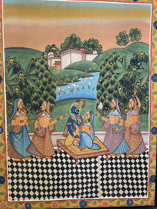 Lord Vishnu in Garden, Original Indian Miniature Art , 35" x 45"-EZ Jewelry and Decor
