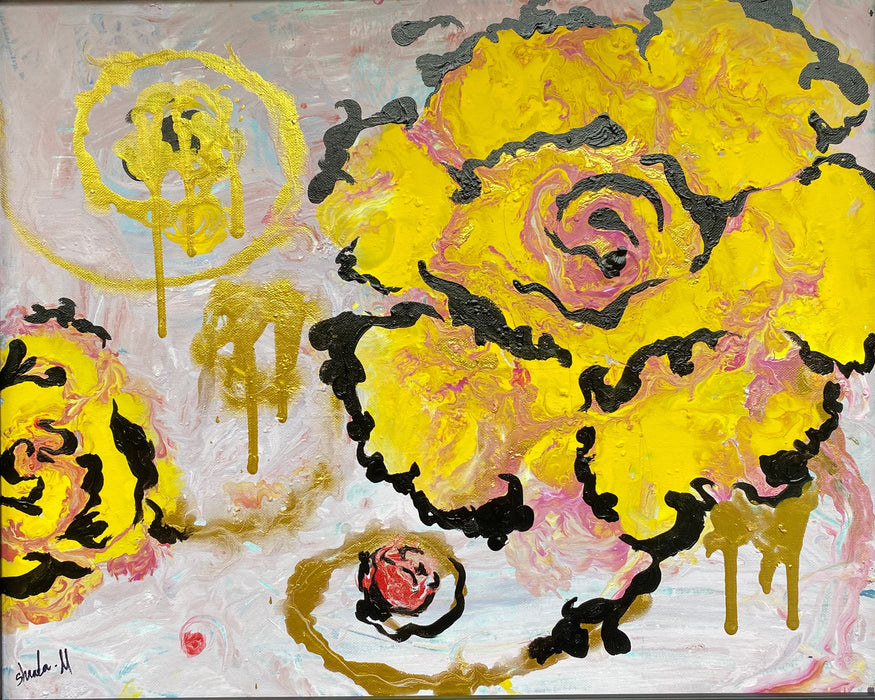 Shaida Mansourkhani, Yellow Roses, Framed Acrylic Original Painting. 23.5” x 19.5”-EZ Jewelry and Decor