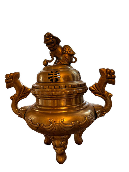 Antique Early 20th Century Large Solid Brass Foo Dog Incense Burner Stands 18 in Tall , Chinese Antique Burner.-EZ Jewelry and Decor