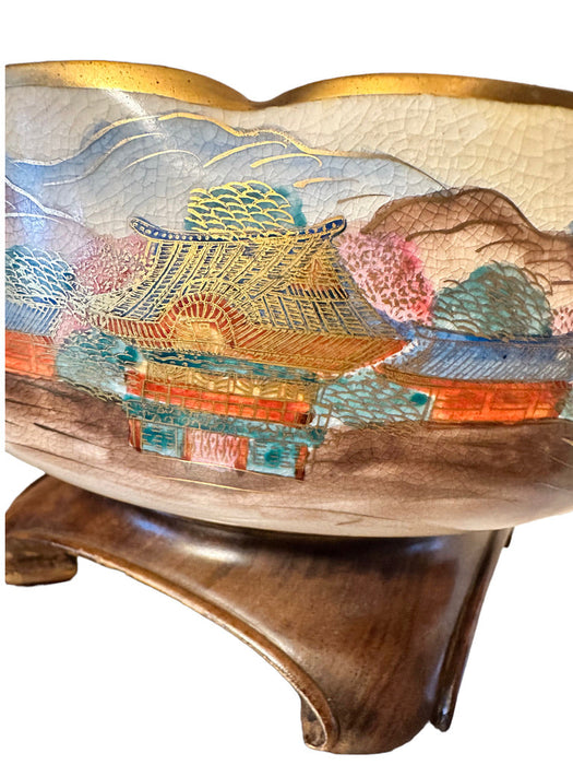 Antique Japanese Satsuma 8.5in Bowl on Wooden Stand, Hand Made & painted. Taisho period Signed & Trimmed in Gold-EZ Jewelry and Decor