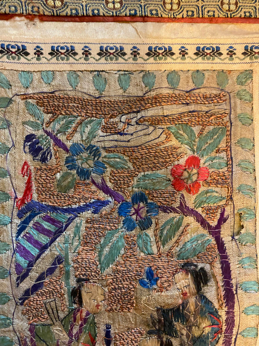 Chinese Vintage Silk Embroidery Framed Panel, Hand Crafted, Three Figures In Garden, Early Republic, 11” x 17”-EZ Jewelry and Decor
