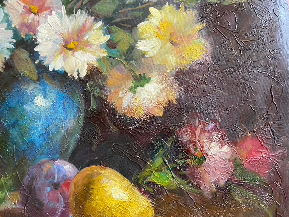 R. Wilcox, Flowers & Fruit. Framed Original Oil Painting, 28’ x 35”-EZ Jewelry and Decor