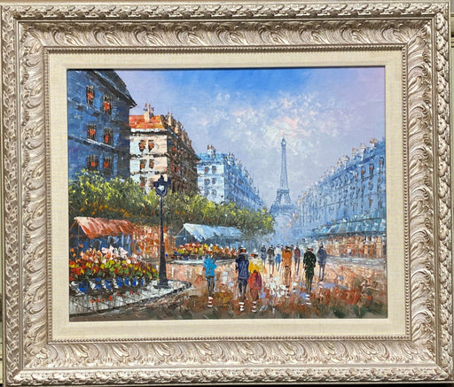Impressionist oil painting of Paris street scene with Eiffel Tower, colorful buildings, and pedestrians in ornate gold frame. - W. Bosart, Paris, Oil, 24” X 28” - Default Title - EZ Art, Decor & Jewelry