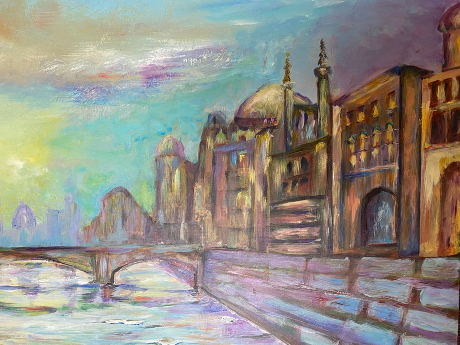 Roya Mansourkhani, Sundown Above A City, Acrylic, 23” x 50”-EZ Jewelry and Decor