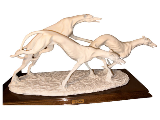 Vintage "Racing Greyhounds" by A. Belcari for Nuovo Capodimonte, White Bisque-ware on Wood, Greyhounds Sculpture, Made in Italy, Marked-EZ Jewelry and Decor