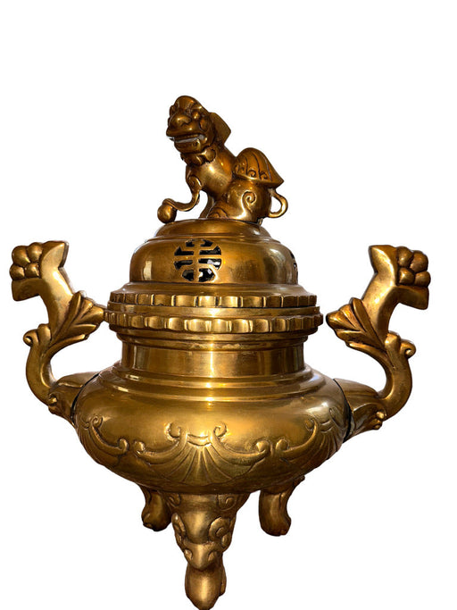 Antique Early 20th Century Large Solid Brass Foo Dog Incense Burner Stands 18 in Tall , Chinese Antique Burner.-EZ Jewelry and Decor