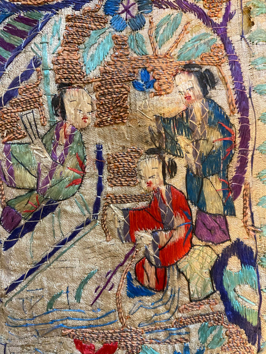Chinese Vintage Silk Embroidery Framed Panel, Hand Crafted, Three Figures In Garden, Early Republic, 11” x 17”-EZ Jewelry and Decor