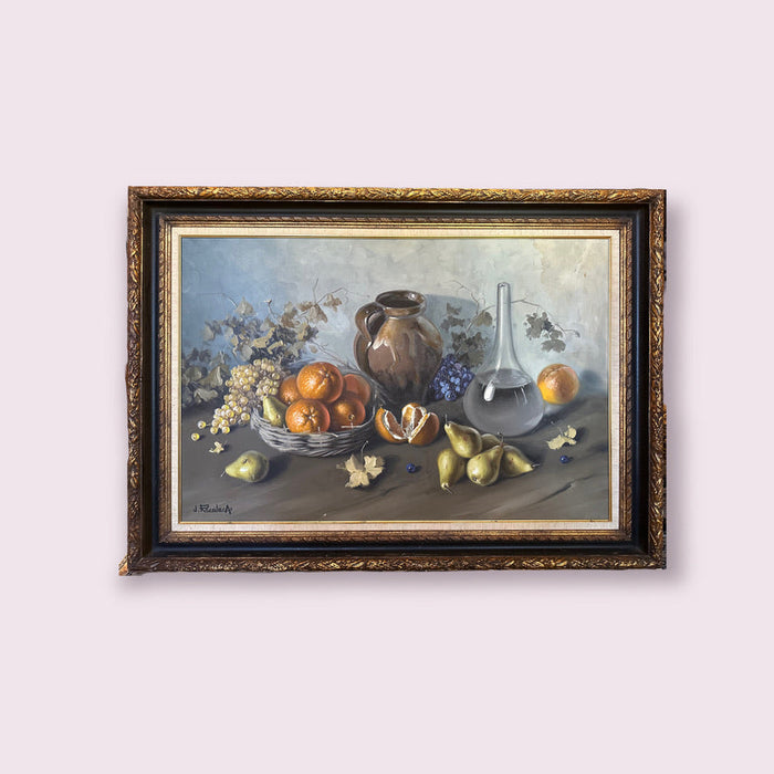 Jose Rosales, Still Life with Fruit & Jar, Framed Original Oil Painting, Signed. Framed 31” x 43”-EZ Jewelry and Decor