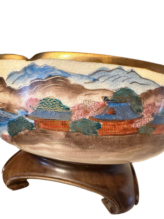 Antique Japanese Satsuma 8.5in Bowl on Wooden Stand, Hand Made & painted. Taisho period Signed & Trimmed in Gold-EZ Jewelry and Decor