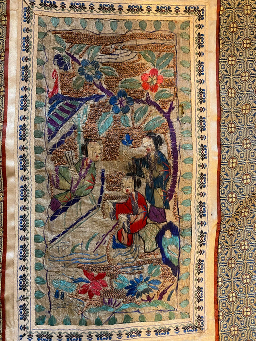 Chinese Vintage Silk Embroidery Framed Panel, Hand Crafted, Three Figures In Garden, Early Republic, 11” x 17”-EZ Jewelry and Decor