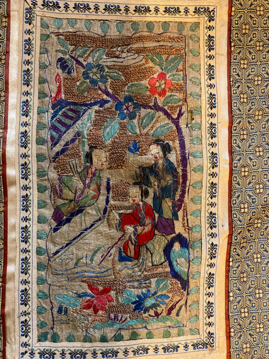 Chinese Vintage Silk Embroidery Framed Panel, Hand Crafted, Three Figures In Garden, Early Republic, 11” x 17”-EZ Jewelry and Decor