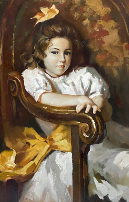 A. Sinar, Young Girl In Chair, oil, 49” x 37”x 3.5"-EZ Jewelry and Decor