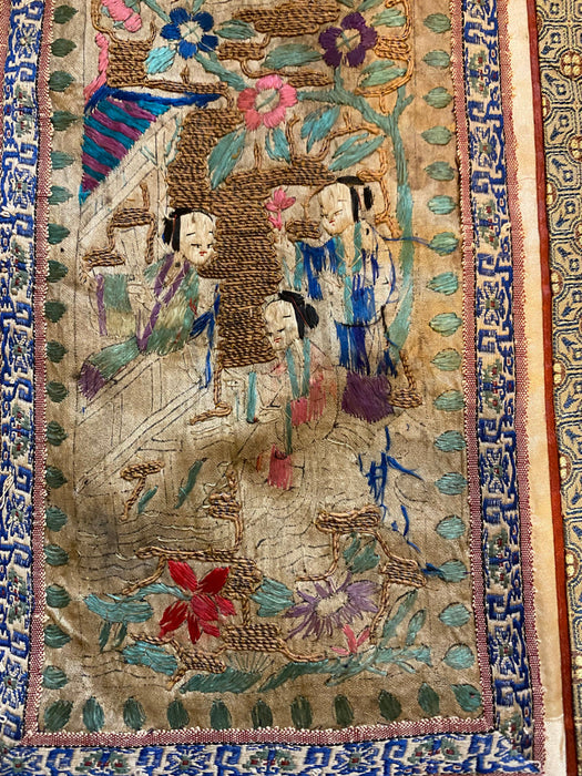 Chinese Vintage Silk Embroidery Framed Panel, Hand Crafted, Three Figures In Garden, Early Republic, 11” x 17”-EZ Jewelry and Decor