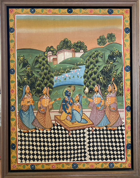Lord Vishnu in Garden, Original Indian Miniature Art , 35" x 45"-EZ Jewelry and Decor