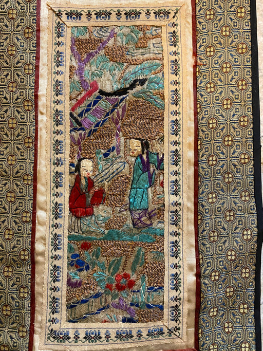 Chinese Vintage Silk Embroidery Framed Panel, Hand Crafted, In Garden, Early Republic, 11” x 17”-EZ Jewelry and Decor