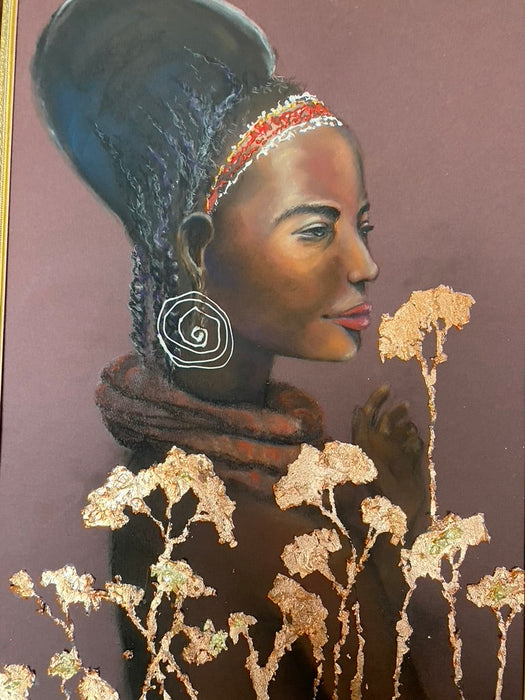 R. Mansourkhani, African Beauty, Original Framed Painting/ Drawing, mixed media 38” x 26”-EZ Jewelry and Decor