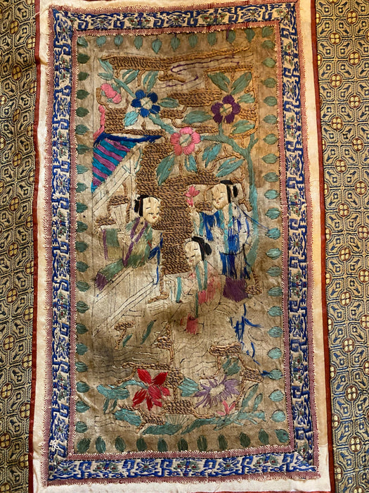 Chinese Vintage Silk Embroidery Framed Panel, Hand Crafted, Three Figures In Garden, Early Republic, 11” x 17”-EZ Jewelry and Decor