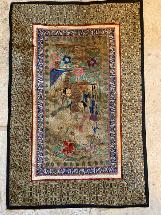 Chinese Vintage Silk Embroidery Framed Panel, Hand Crafted, Three Figures In Garden, Early Republic, 11” x 17”-EZ Jewelry and Decor