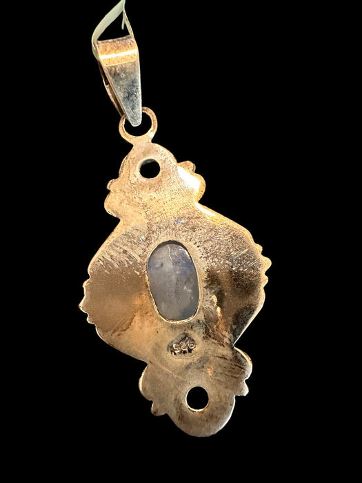 Vintage Silver Victorian Oval Pendent , With Two Crystals And A Stone In Center. 2”, necklace 18"-EZ Jewelry and Decor