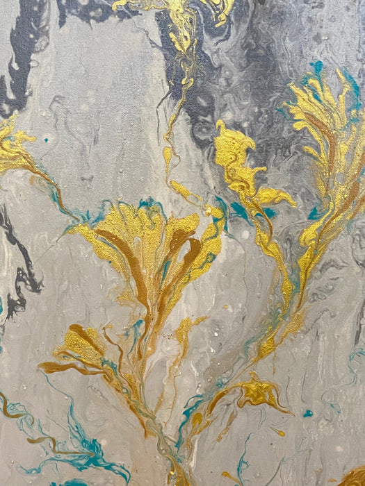 Golden Flowers Abstract Painting, Framed Original Painting, by R. Mansourkhani, 30.5” x  26”-EZ Jewelry and Decor