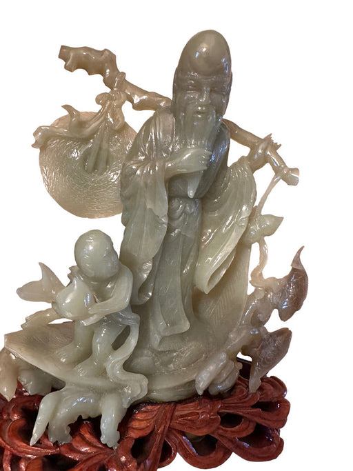 Rare Hand Carved Jade Statue: Man, Child, & Koi Fish on Carved Wooden Stand, 7.8” T, Japanese Sculpture-EZ Jewelry and Decor