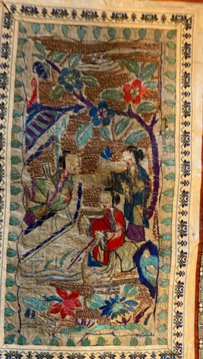 Chinese Vintage Silk Embroidery Framed Panel, Hand Crafted, Three Figures In Garden, Early Republic, 11” x 17”-EZ Jewelry and Decor