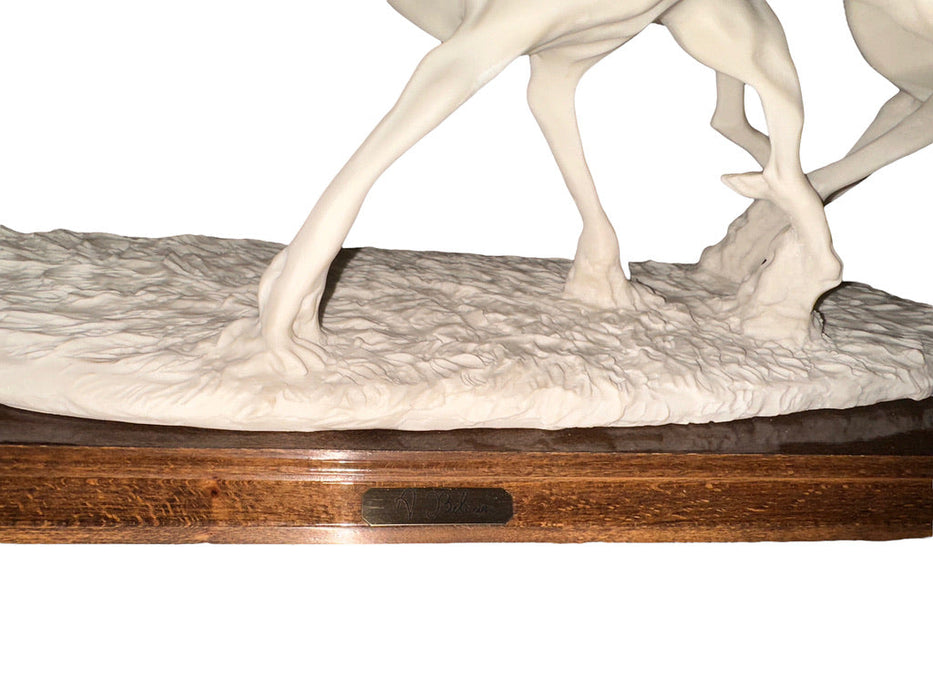 Vintage "Racing Greyhounds" by A. Belcari for Nuovo Capodimonte, White Bisque-ware on Wood, Greyhounds Sculpture, Made in Italy, Marked-EZ Jewelry and Decor