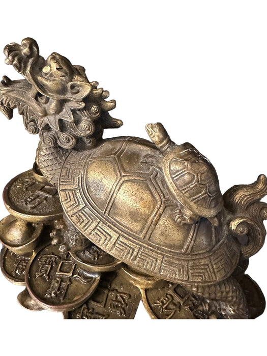 Vintage Chinese Copper Turtle-dragon Mother & Child Statue, 4.25” T-EZ Jewelry and Decor