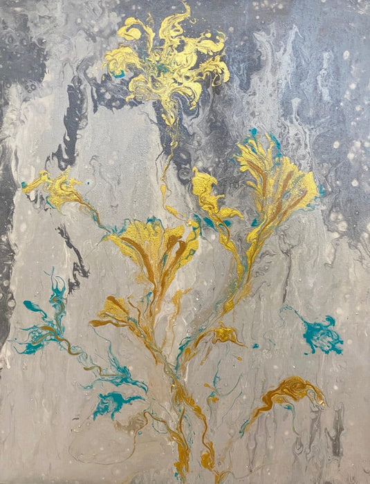 Golden Flowers Abstract Painting, Framed Original Painting, by R. Mansourkhani, 30.5” x  26”-EZ Jewelry and Decor
