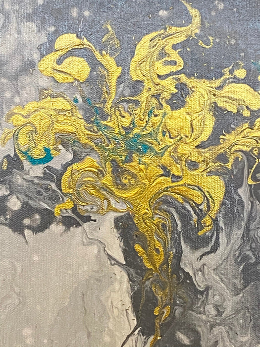 Golden Flowers Abstract Painting, Framed Original Painting, by R. Mansourkhani, 30.5” x  26”-EZ Jewelry and Decor