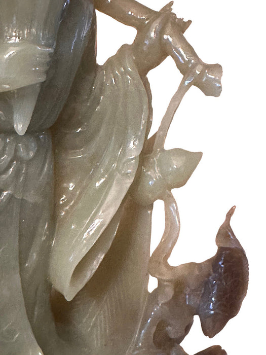 Rare Hand Carved Jade Statue: Man, Child, & Koi Fish on Carved Wooden Stand, 7.8” T, Japanese Sculpture-EZ Jewelry and Decor