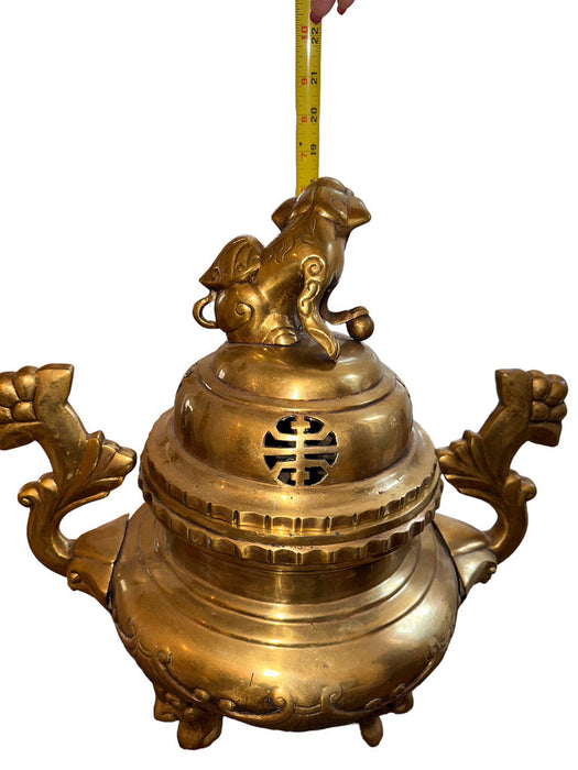 Antique Early 20th Century Large Solid Brass Foo Dog Incense Burner Stands 18 in Tall , Chinese Antique Burner.-EZ Jewelry and Decor