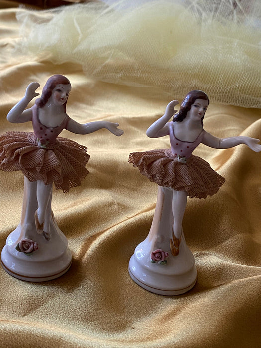 Two Lace Porcelain Ballerinas Figurines, One Rubber Baby on Chair-EZ Jewelry and Decor