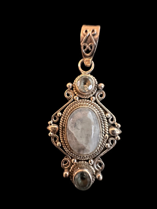 Vintage Silver Victorian Oval Pendent , With Two Crystals And A Stone In Center. 2”, necklace 18"-EZ Jewelry and Decor