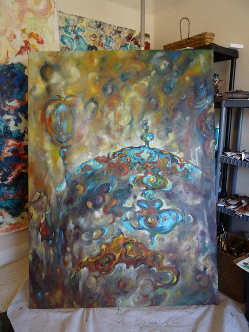 Blue Dome, Original Oil Painting.  Masque Abstract Painting, By R.Mansourkhani, 68" H x 49.5" W-EZ Jewelry and Decor
