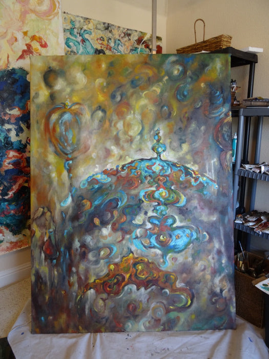Blue Dome, Original Oil Painting.  Masque Abstract Painting, By R.Mansourkhani, 68" H x 49.5" W-EZ Jewelry and Decor