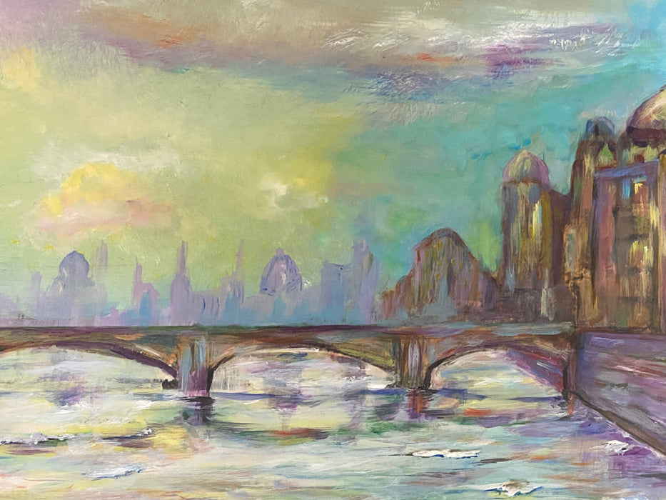 Roya Mansourkhani, Sundown Above A City, Acrylic, 23” x 50”-EZ Jewelry and Decor