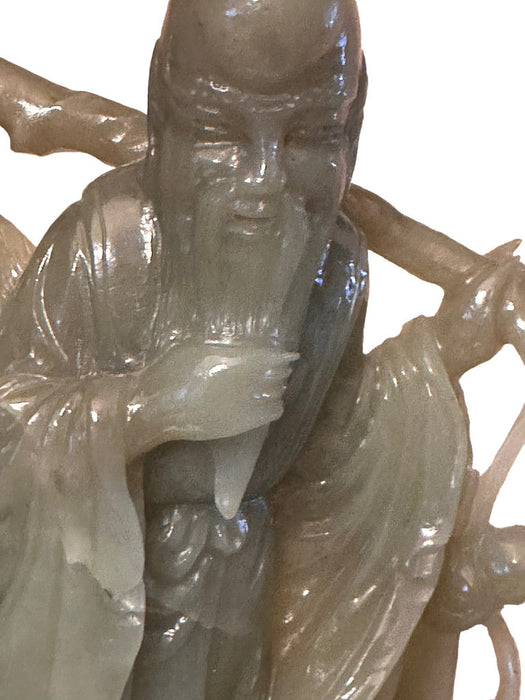 Rare Hand Carved Jade Statue: Man, Child, & Koi Fish on Carved Wooden Stand, 7.8” T, Japanese Sculpture-EZ Jewelry and Decor
