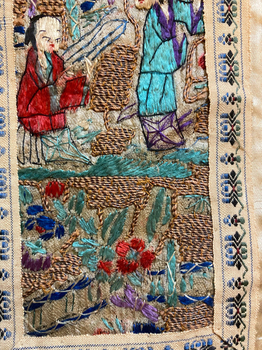 Chinese Vintage Silk Embroidery Framed Panel, Hand Crafted, In Garden, Early Republic, 11” x 17”-EZ Jewelry and Decor