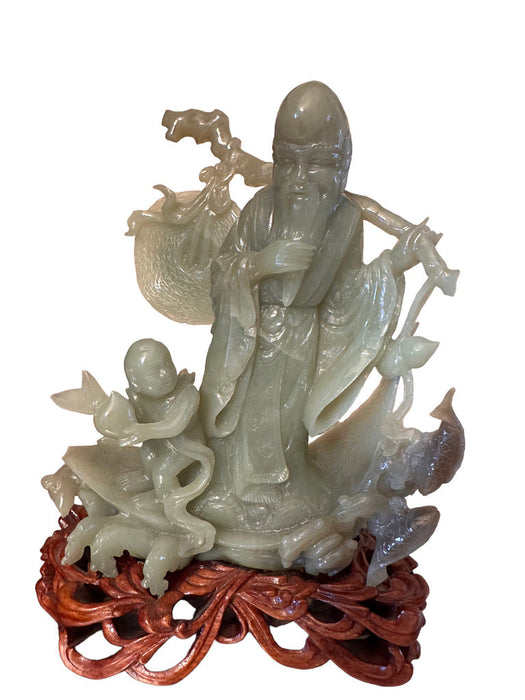 Rare Hand Carved Jade Statue: Man, Child, & Koi Fish on Carved Wooden Stand, 7.8” T, Japanese Sculpture-EZ Jewelry and Decor