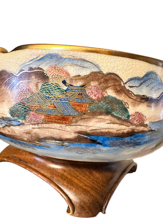 Antique Japanese Satsuma 8.5in Bowl on Wooden Stand, Hand Made & painted. Taisho period Signed & Trimmed in Gold-EZ Jewelry and Decor