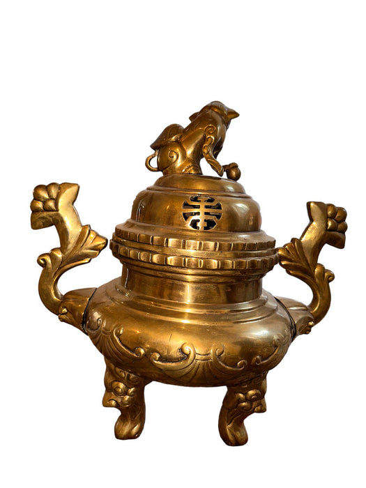 Antique Early 20th Century Large Solid Brass Foo Dog Incense Burner Stands 18 in Tall , Chinese Antique Burner.-EZ Jewelry and Decor